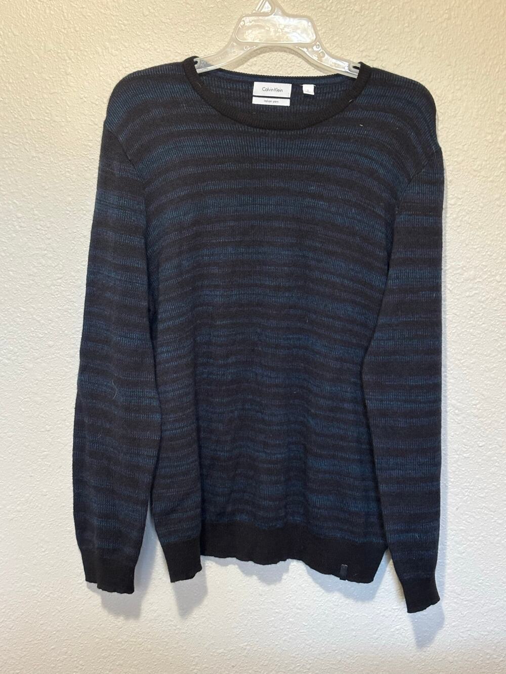 Men’s Calvin Klein Italian Dyed Yarn Wool Blend Blue Pullover Sweater L Large